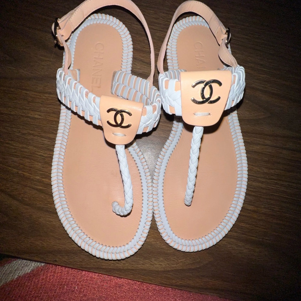 Chanel white and light beige braided flats.
